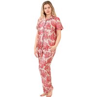 ELAINA FASHION Women's Luxury Satin Toile Print Pj Set in Red | Size: 10
