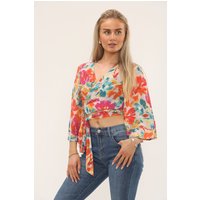 ELAINA FASHION Women's Bright Floral Wrap Crop Top | Size: 14