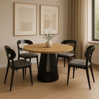 Heze Furniture Ruston Modern Round Extendable Dining Table with Slats in Medium Beige | Size: 100 cm x 100 cm