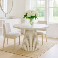 Heze Furniture Ruston Modern Round Extendable Dining Table with Slats in Light Sand | Size: 100 cm x 100 cm