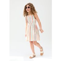 Raffya Girl's Kris Cross Back Stripe Print Dress In Cream in Ecru | Size: 4 Years