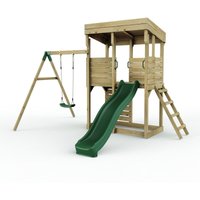 OutdoorToys XL Lookout Tower Playhouse with Single Swing & Slide in Brown