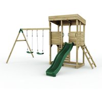 OutdoorToys XL Lookout Tower Playhouse with Double Swing & Slide in Brown