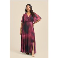 Curve Angel Sleeve Wrap Front Maxi Dress Berry Abstract Print