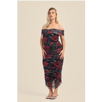Curve Bardot Mesh Rose Print Midi Dress