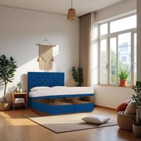 Knight Sleep Athens Plush Fabric End Opening Ottoman Bed + Mattress & 24" Headboard in Navy | Size: Super King