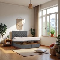 Knight Sleep Athens Plush Fabric End Opening Ottoman Bed + Mattress & 24" Headboard in Grey | Size: Single