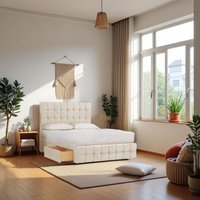 Knight Sleep Munic Plush Bed Set With Mattress, 2 Drawers Same Side & 24"Headboard in Cream | Size: Small Double