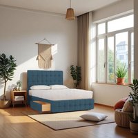 Knight Sleep Munic Plush Bed Set With Mattress, 2 Drawers Same Side & 24"Headboard in Navy | Size: Single
