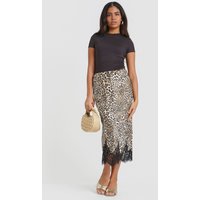Needs No Label Women's Leopard Satin Lace Midi Skirt - Brown