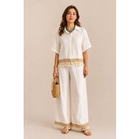 Tassel Trim Co Ord Set Relaxed Shirt & Wide Leg Trousers
