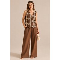 Embroidered Button Front Waistcoat & Wide Leg Trouser Co ord Set