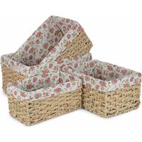 Red Hamper Set of 4 Thatch Grass Woven Storage Basket with Garden Rose Cotton Lining in Brown
