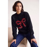 Roman Women's Festive Sequin Bow Knit Jumper in Black | Size: 20