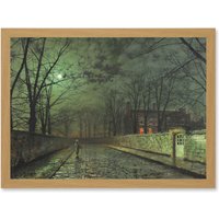 Artery8 John Atkinson Grimshaw Moonlit Street Old Master Painting Artwork Framed Wall Art Print A4 in Light Oak