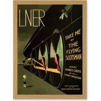 Artery8 Travel LNER Railway Flying Scotsman UK Locomotive Vintage Advert Train Artwork Framed Wall Art Print A4 in Light Oak