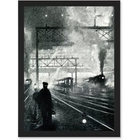 Artery8 Travel Railway Tracks 1912 Soot Steam Train Locomotive Drawing Moody Artwork Framed Wall Art Print A4 in Black