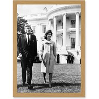 Artery8 Photo President USA John Jackie Kennedy JFK White House Lawn Artwork Framed Wall Art Print A4 in Light Oak