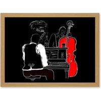 Artery8 Musicians Jazz Piano Illustration Red Bass Bar Music Artwork Framed Wall Art Print A4 in Light Oak