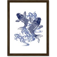Artery8 Japan Koi Carp Fish Illustration Water Artwork Framed Wall Art Print A4 in Brown
