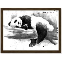 Artery8 Panda Sleeping Watercolour Black White Artwork Framed Wall Art Print A4 in Brown
