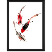 Artery8 Japan Koi Fish Black & Red Swimming Artwork Framed Wall Art Print A4