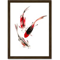 Artery8 Japan Koi Fish Black & Red Swimming Artwork Framed Wall Art Print A4 in Brown