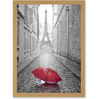 Artery8 Eiffel Tower In Paris Red Umbrella Rain Alley Cobbles Artwork Framed Wall Art Print A4 in Light Oak
