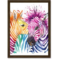 Artery8 Rainbow Two Rainbow Zebra Painting Multi Coloured Artwork Framed Wall Art Print A4 in Brown