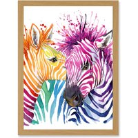 Artery8 Rainbow Two Rainbow Zebra Painting Multi Coloured Artwork Framed Wall Art Print A4 in Light Oak