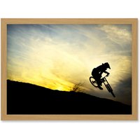 Artery8 Art Sport MTB Downhill Run Mountain Bike Silhouette Bicycle Sunset Artwork Framed Wall Art Print A4 in Light Oak