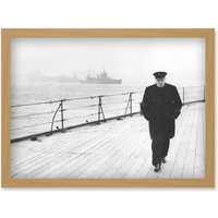 Artery8 Vintage Photo War World WW2 Prime Minister Winston Churchill Deck Ship UK Britain Artwork Framed Wall Art Print A4 in Light Oak