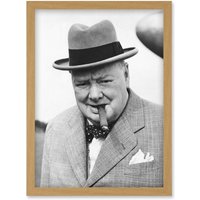Artery8 Vintage Photo Winston Churchill Cigar Prime Minister Britain UK Artwork Framed Wall Art Print A4 in Light Oak