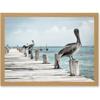 Artery8 Animal Photo Bird Pelicans Ocean Pier Artwork Framed Wall Art Print A4 in Light Oak
