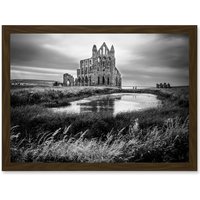 Artery8 Photo Landscape Whitby Abbey Ruin England UK Black White Artwork Framed Wall Art Print A4 in Brown