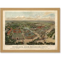 Artery8 Aerial Birds Eye View St Louis Missouri Worlds Fair 1904 USA Artwork Framed Wall Art Print A4 in Light Oak