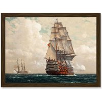 Artery8 Painting Seascape Naval Diemer Ship At Sea Men O War Passing Artwork Framed Wall Art Print A4 in Brown