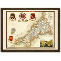 Artery8 Map Antique Moule 1850 Cornwall County England UK Artwork Framed Wall Art Print A4 in Brown