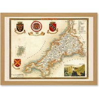 Artery8 Map Antique Moule 1850 Cornwall County England UK Artwork Framed Wall Art Print A4 in Light Oak
