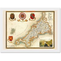 Artery8 Map Antique Moule 1850 Cornwall County England UK Artwork Framed Wall Art Print A4 in White