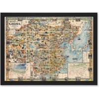 Artery8 Map Diakoff 1931 China Pictorial Unfolded Artwork Framed Wall Art Print A4 in Black