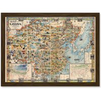 Artery8 Map Diakoff 1931 China Pictorial Unfolded Artwork Framed Wall Art Print A4 in Brown