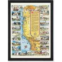 Artery8 Pictorial Map Putnam 1949 California Missions History Artwork Framed Wall Art Print A4 in Black