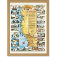 Artery8 Pictorial Map Putnam 1949 California Missions History Artwork Framed Wall Art Print A4 in Light Oak