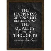 Artery8 Slate Quote Marcus Aurelius Happiness Quality Thoughts Inspiring Artwork Framed Wall Art Print A4 in Brown