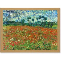Artery8 Vincent Van Gogh Poppy Field Painting Artwork Framed Wall Art Print A4 in Light Oak