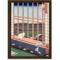 Artery8 Hiroshige Asakusa Fields 100 Views Edo Cat Vintage Japan Painting Artwork Framed Wall Art Print A4 in Brown