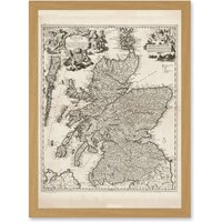 Artery8 Visscher 1689 Antique Pictorial Map Kingdom Scotland UK Artwork Framed Wall Art Print A4 in Light Oak