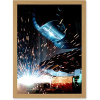 Artery8 Plate Gas Metal Arc Welding Welder Sparks Photo Artwork Framed Wall Art Print A4 in Light Oak