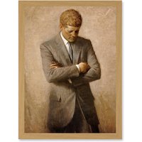 Artery8 Shikler Official Portrait US President John Kennedy JFK Painting Artwork Framed Wall Art Print A4 in Light Oak